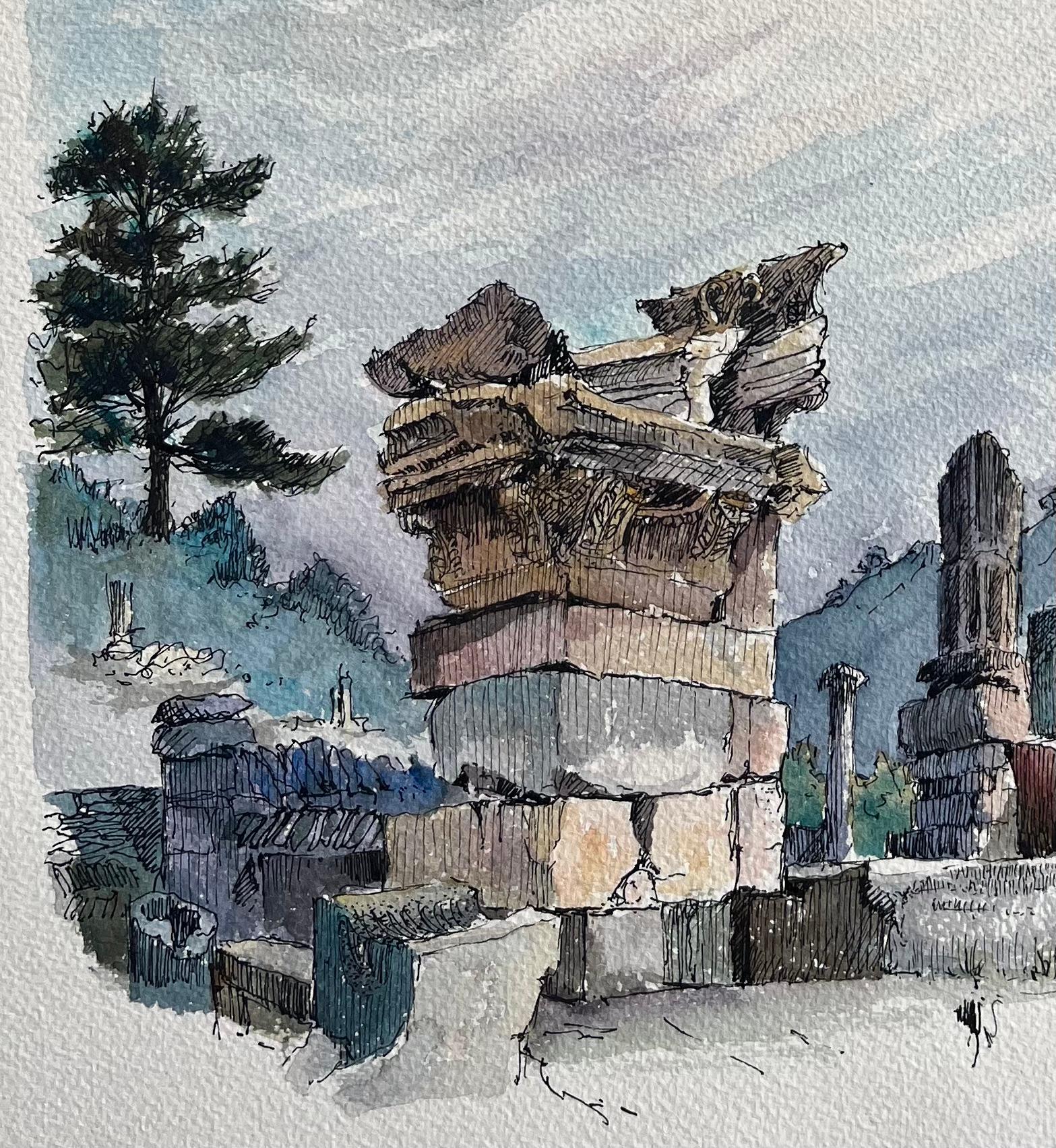 Acuarela francesa de las ruinas de Glanum en Saint-Rémy-de-Provence - Painting Escuela francesa de Robert Lepine (1929 - 2017)