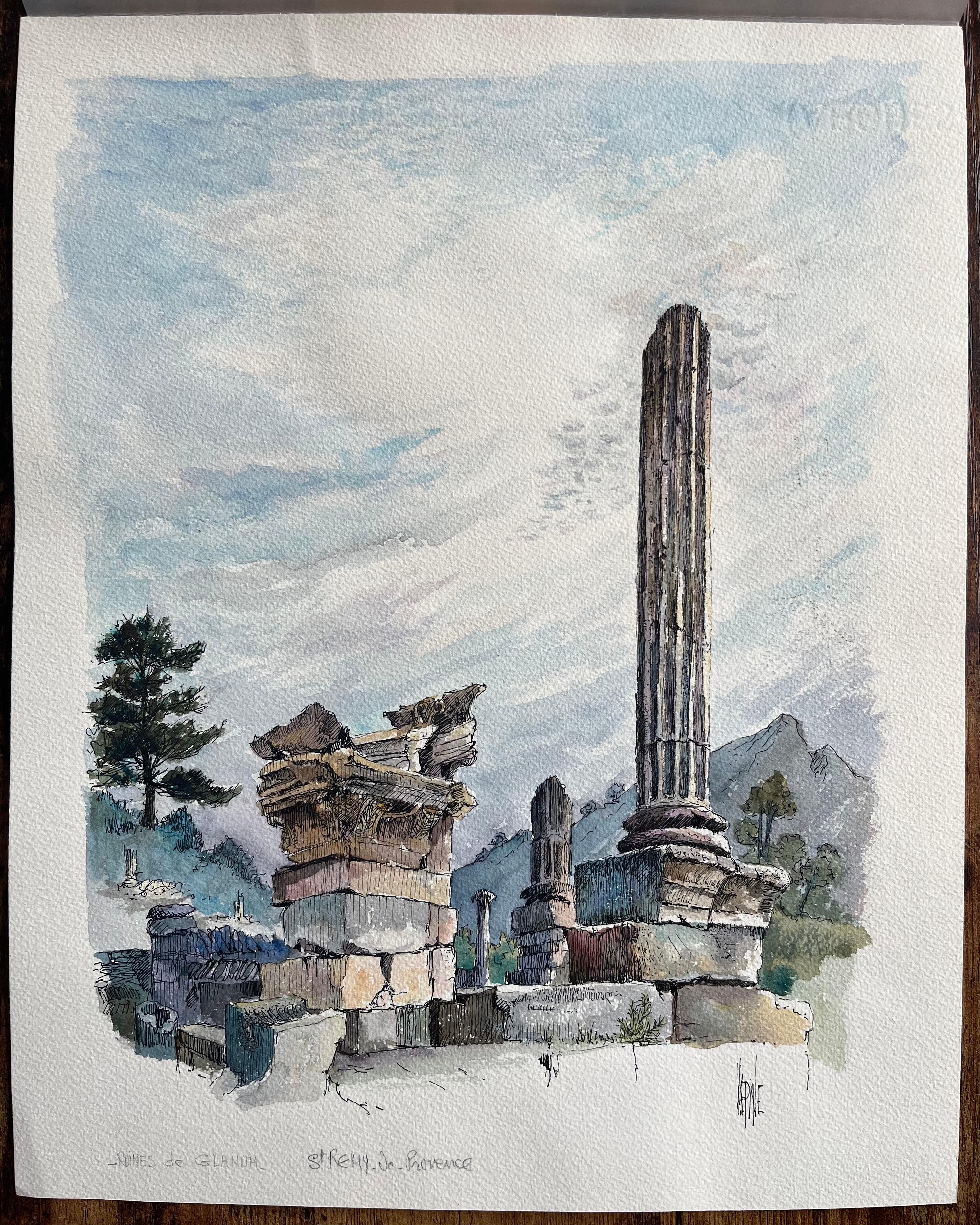 Acuarela francesa de las ruinas de Glanum en Saint-Rémy-de-Provence - Painting de Robert Lepine (1929 - 2017)
