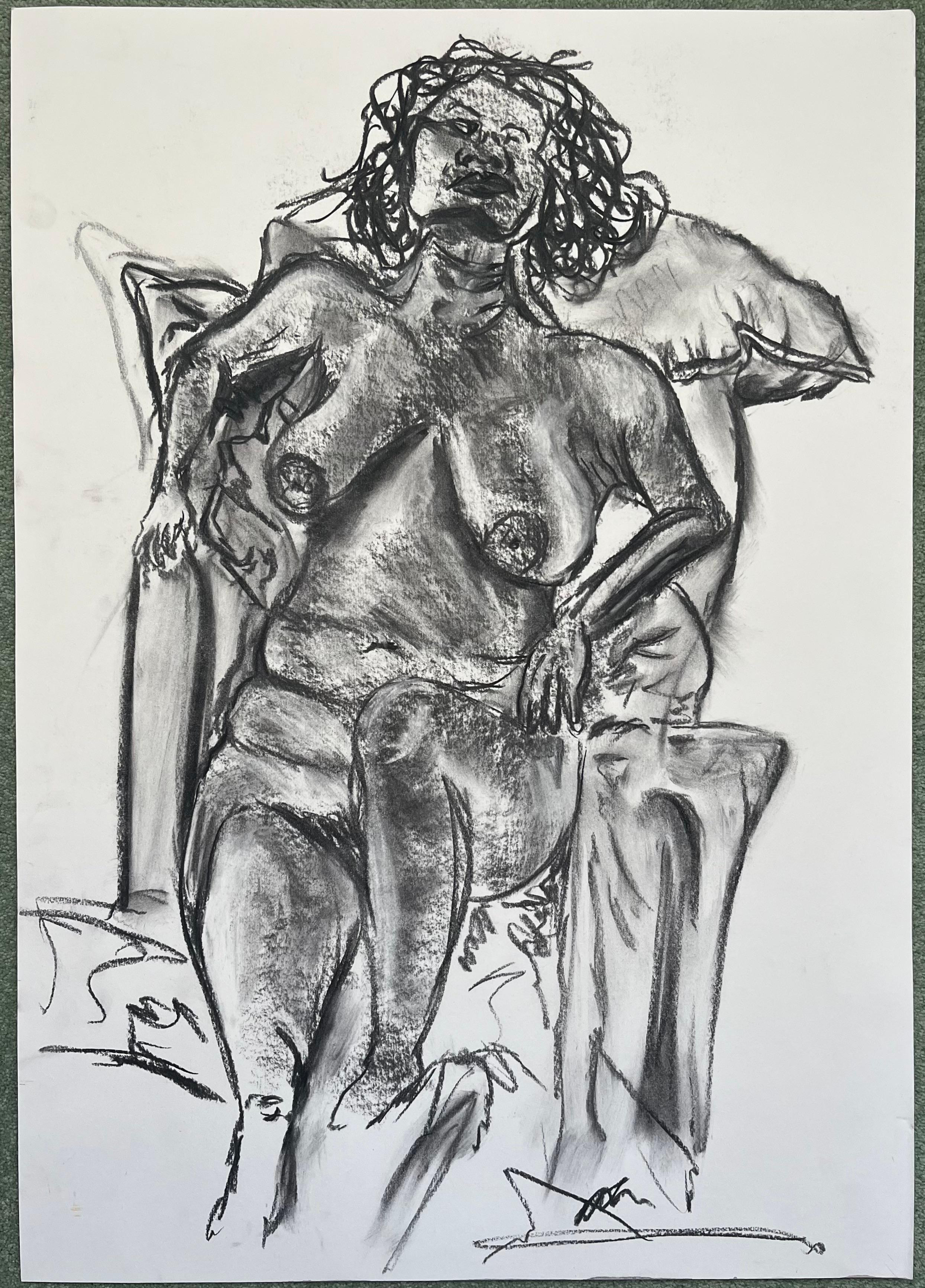 Expressive Charcoal Drawing of a Reclining Female Nude - Art by Minty Ramsey
