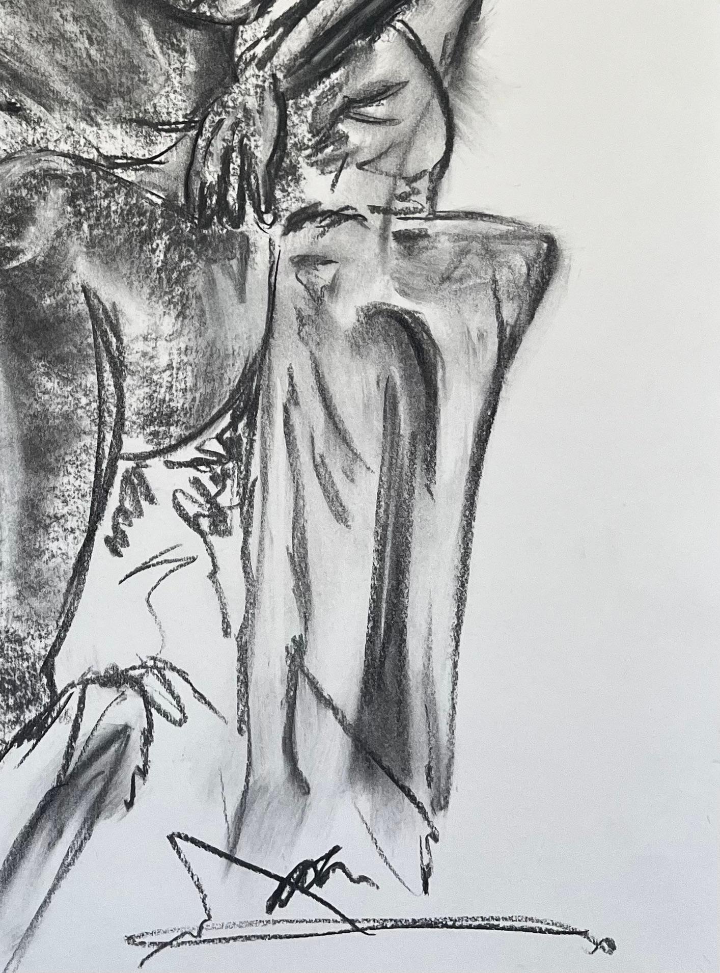 Expressive Charcoal Drawing of a Reclining Female Nude - Gray Figurative Art by Minty Ramsey