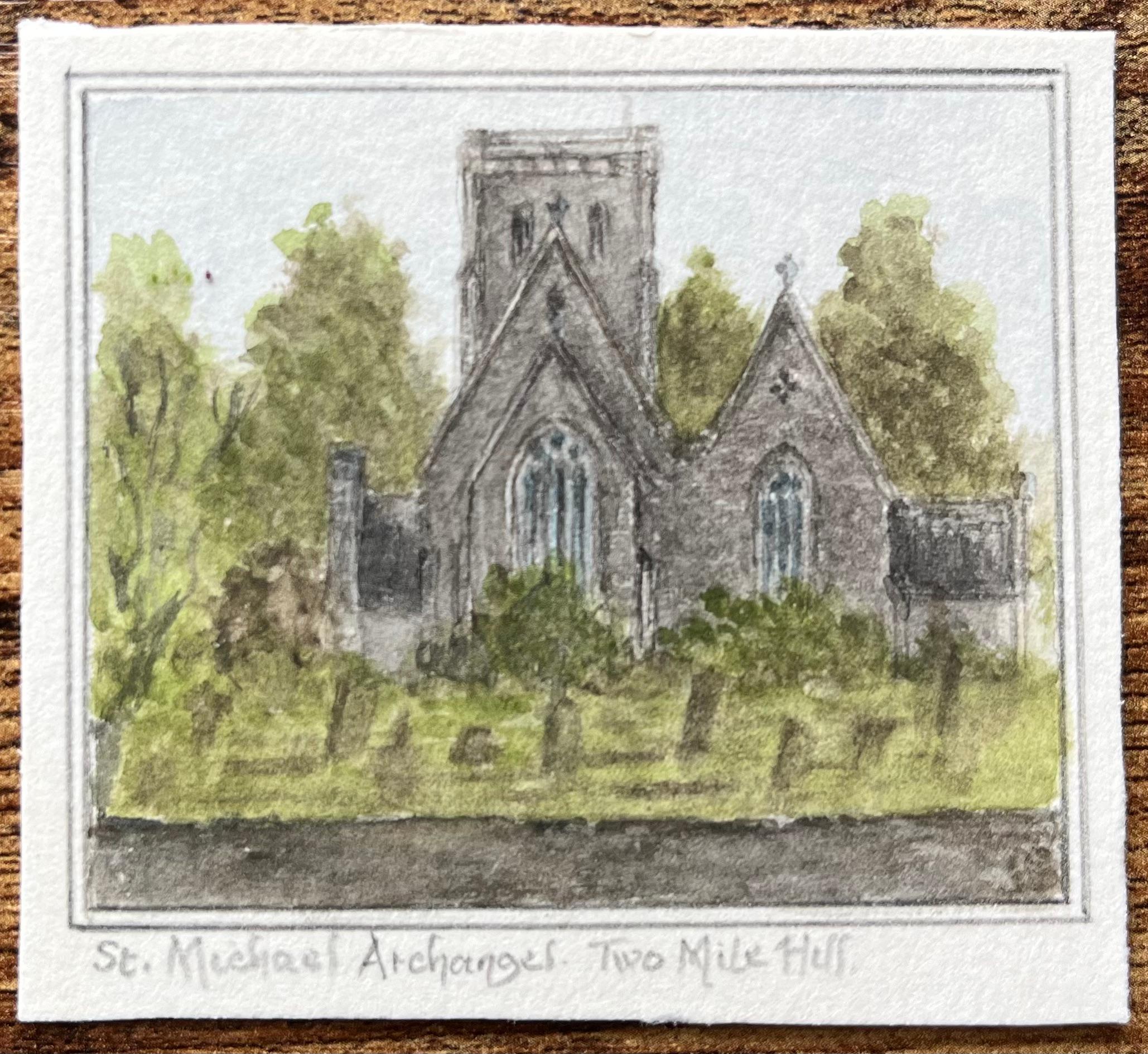 Historische Miniatur-Aquarelle der St. Michael Archangel's Church – Painting von Jack Grunwell