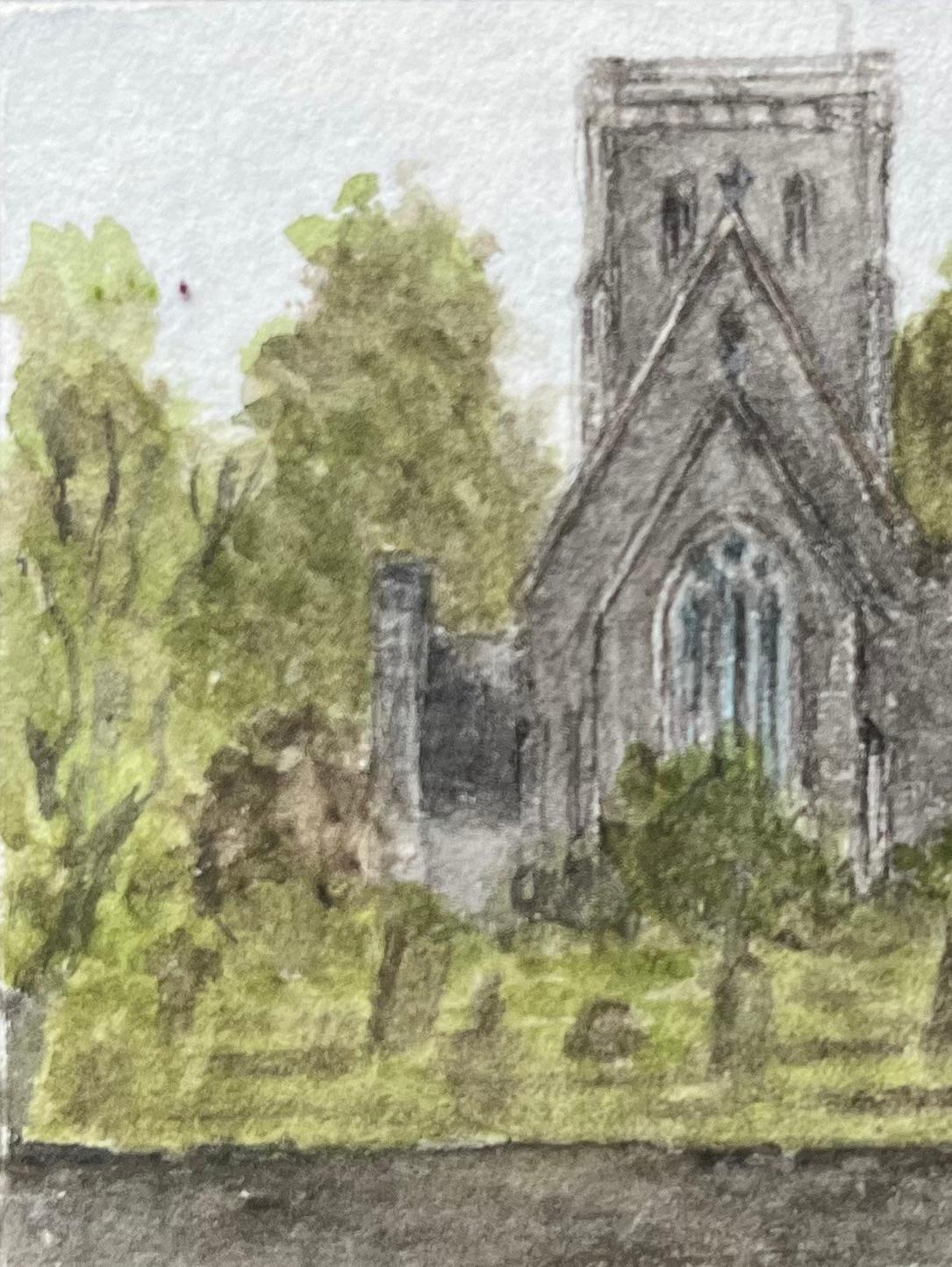 Historische Miniatur-Aquarelle der St. Michael Archangel's Church (Braun), Landscape Painting, von Jack Grunwell
