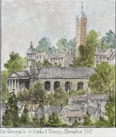 Miniature Watercolor Paintings of St Georges Church and Cabot Tower Brandon Hill