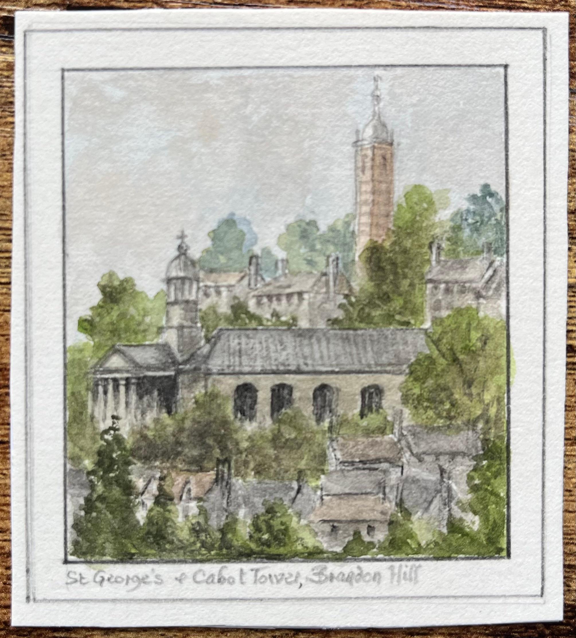 Miniatur-Aquarellbilder der St. Georges Church's und des Cabot Tower Brandon Hill – Painting von Jack Grunwell