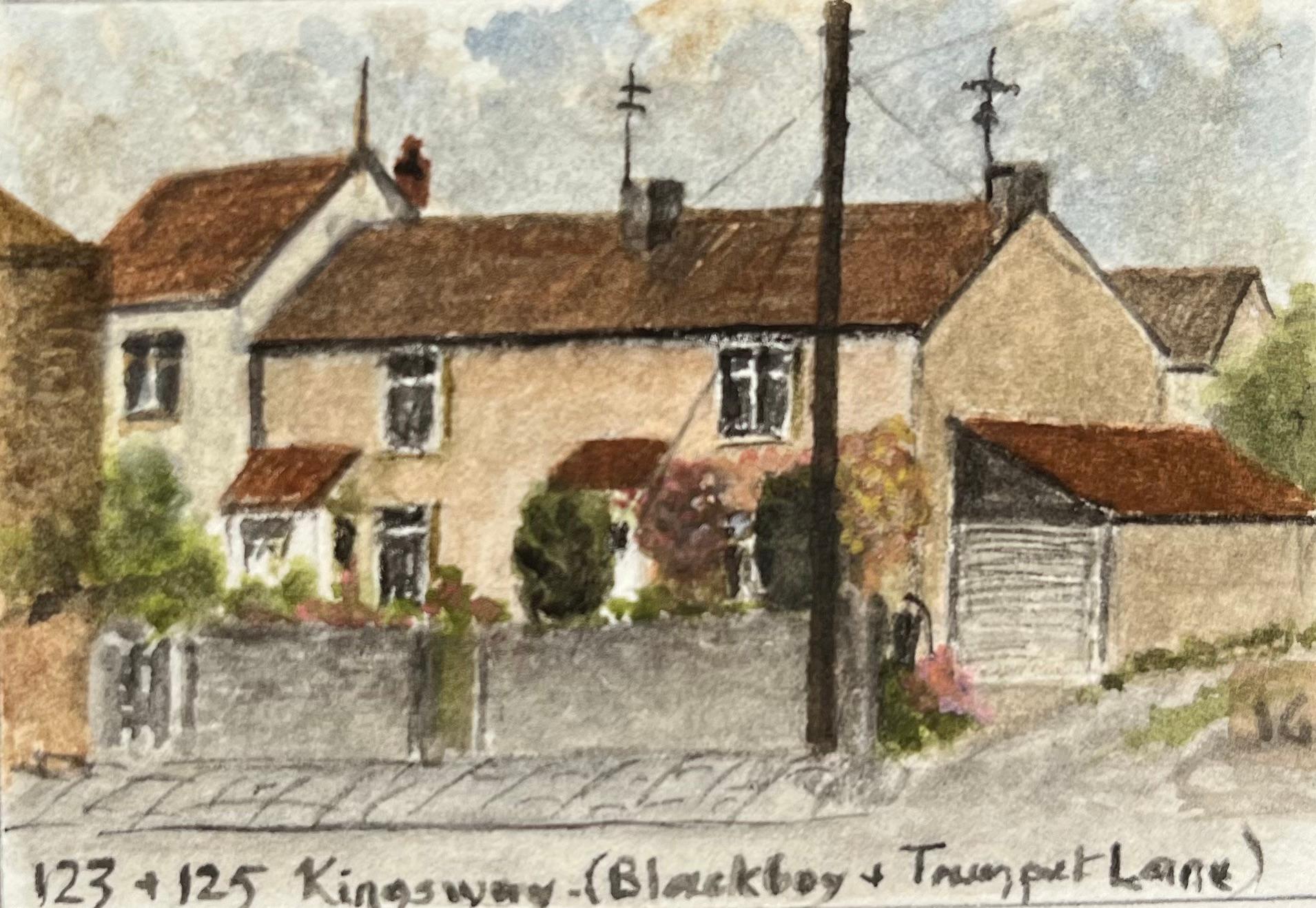 Miniature Watercolor Paintings of 123 and 125 Kingsway Blackboy and Trumpet Lane