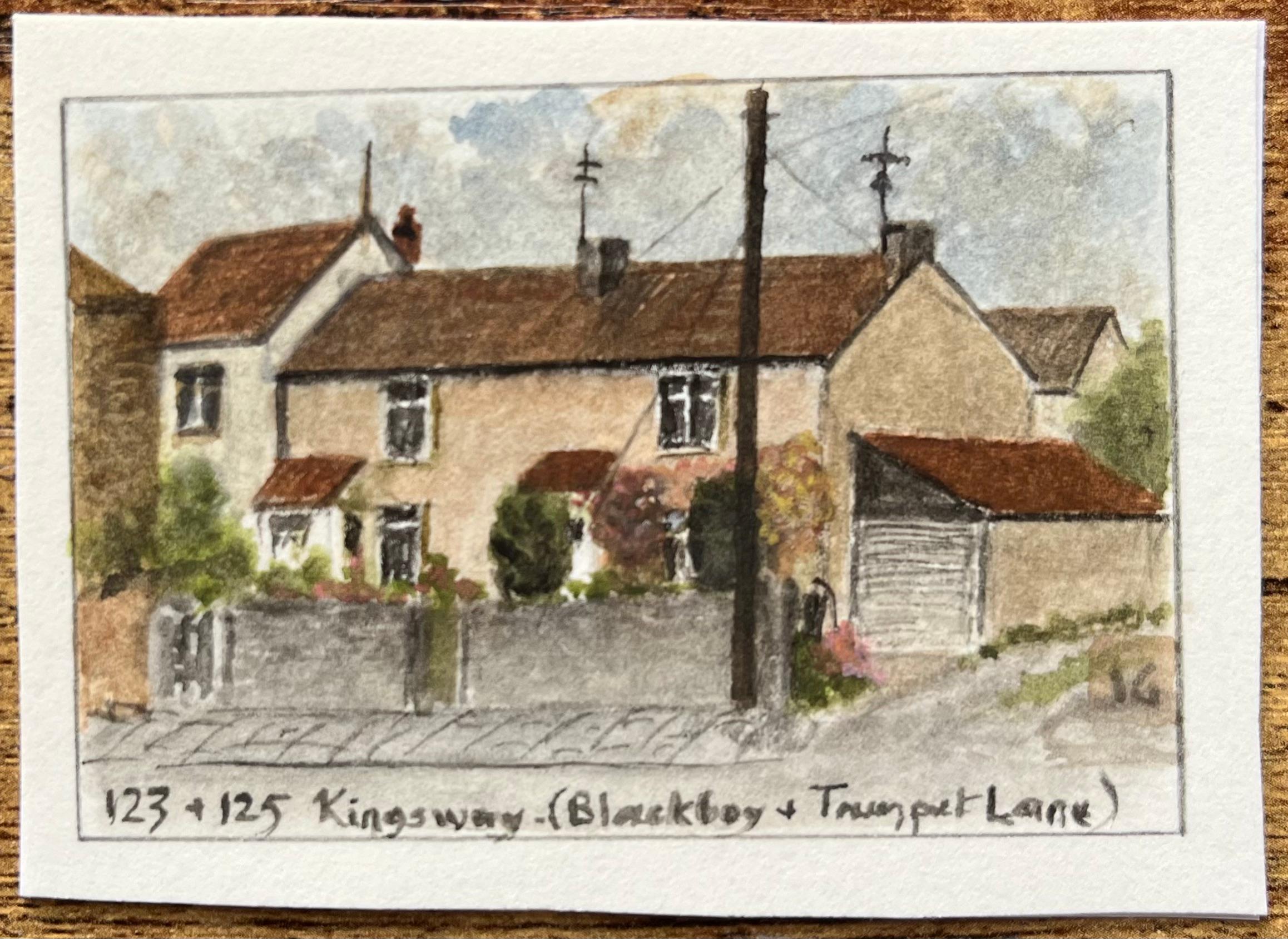 Miniature Watercolor Paintings of 123 and 125 Kingsway Blackboy and Trumpet Lane - Beige Landscape Painting by Jack Grunwell
