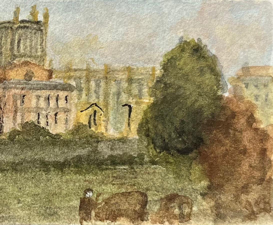 Pinturas en acuarela en miniatura de la catedral y la escuela de Bristol de Canons Marsh - Landscape Art Marrón de Jack Grunwell