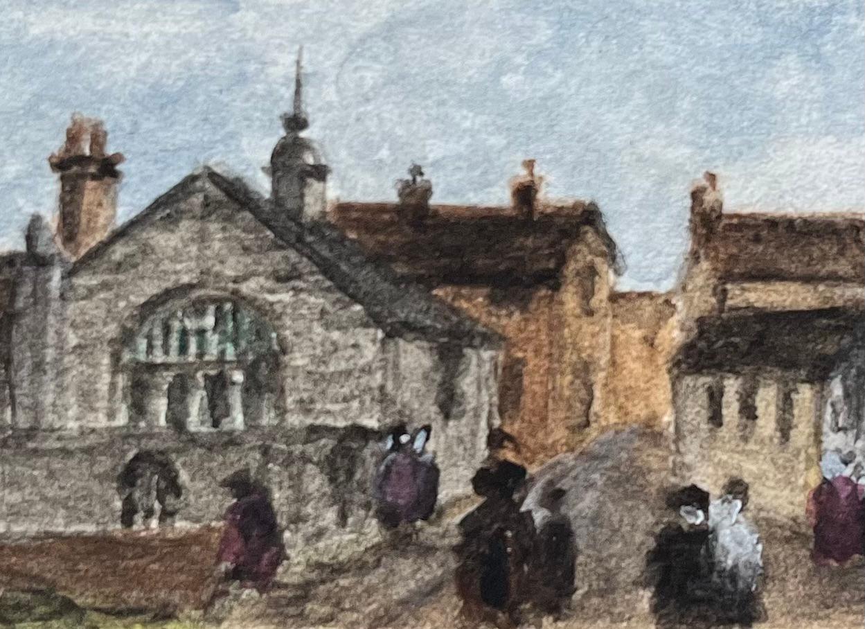 Title: Miniature Watercolor of Chapel of the Three Kings and Fosters Almshouses
by Jack Grunwell, 20th century British artist 
Medium: Watercolor on thin card, unframed
Measurements: 2.25 inches (height) x 4 inches (width)
Condition: Very good and