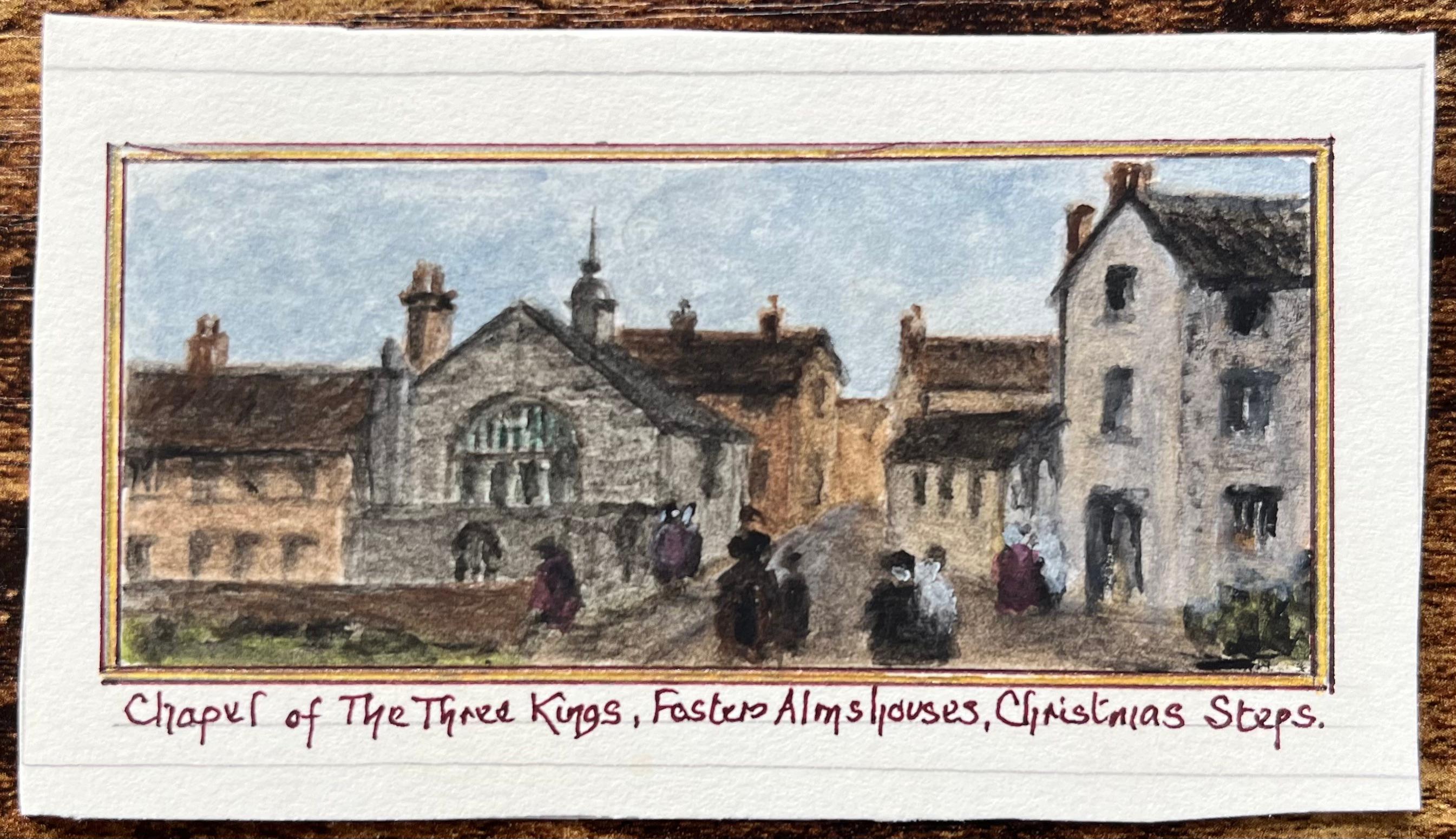 Miniature Watercolor of Chapel of the Three Kings and Fosters Almshouses - Painting by Jack Grunwell