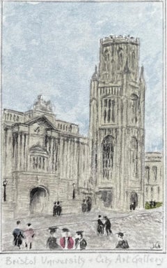 Acuarela histórica en miniatura del edificio Wills Memorial de la Universidad de Bristol