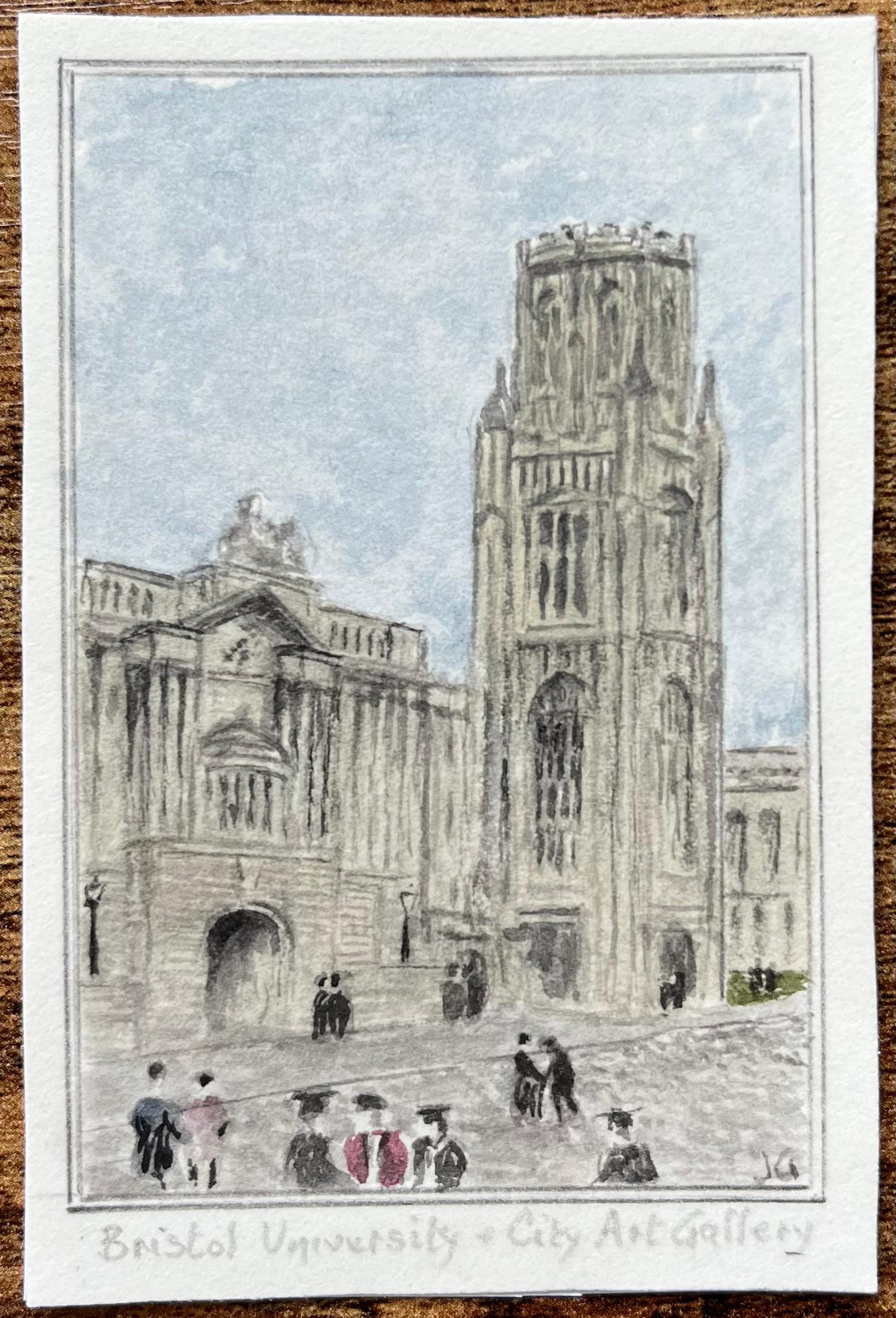 Aquarelle miniature historique du Wills Memorial Building de l'Université de Bristol - Painting de Jack Grunwell