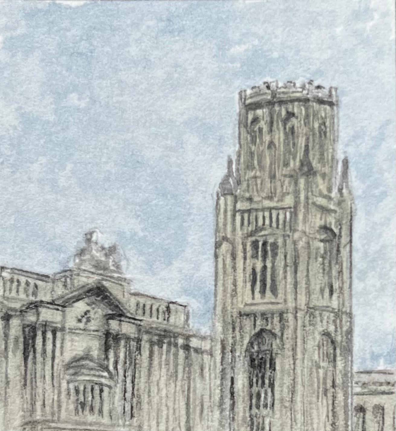 Aquarelle miniature historique du Wills Memorial Building de l'Université de Bristol - Gris Landscape Painting par Jack Grunwell