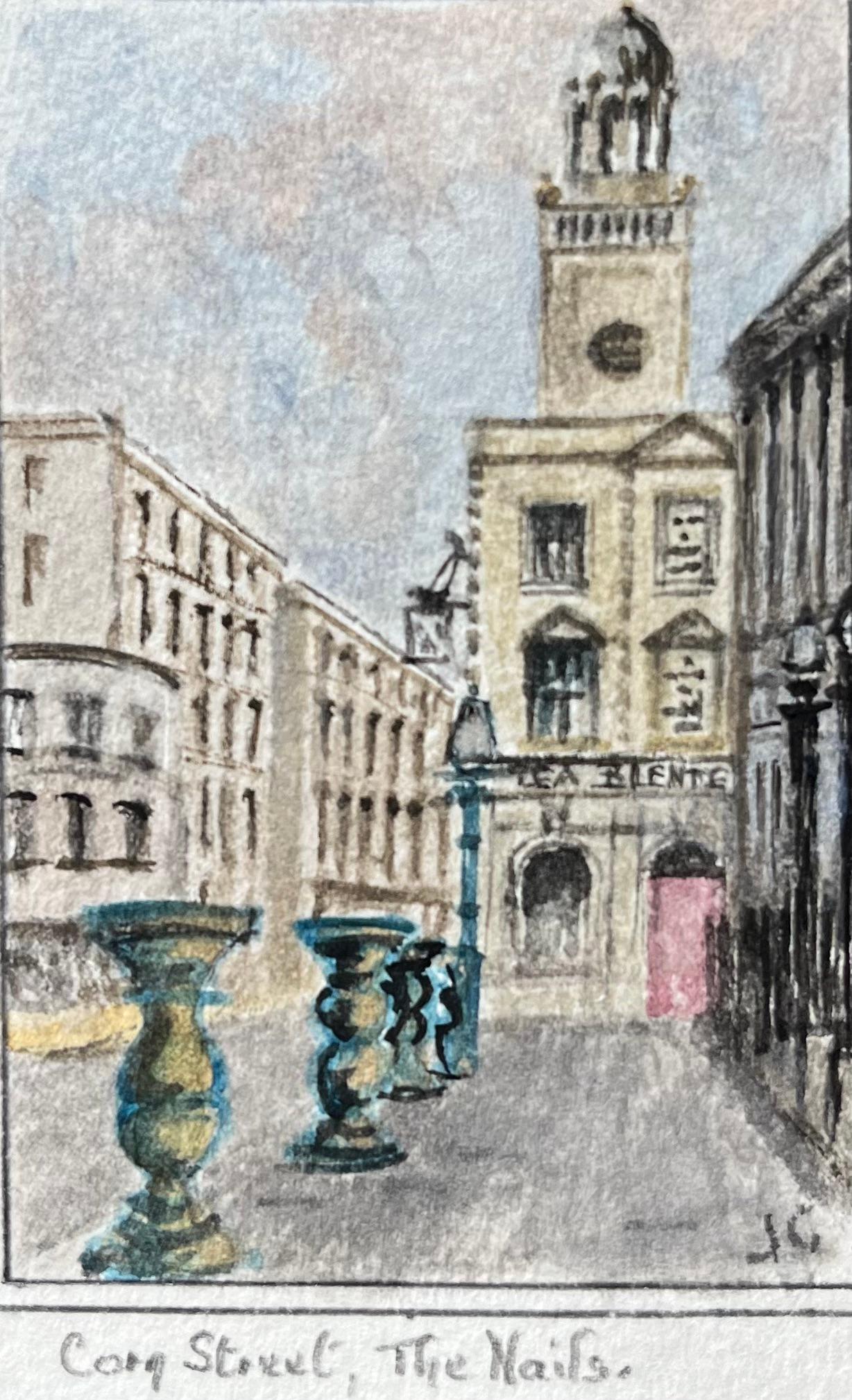 Jack Grunwell Landscape Painting - Historic Miniature Watercolor of Corn Street and The Nails in Bristol
