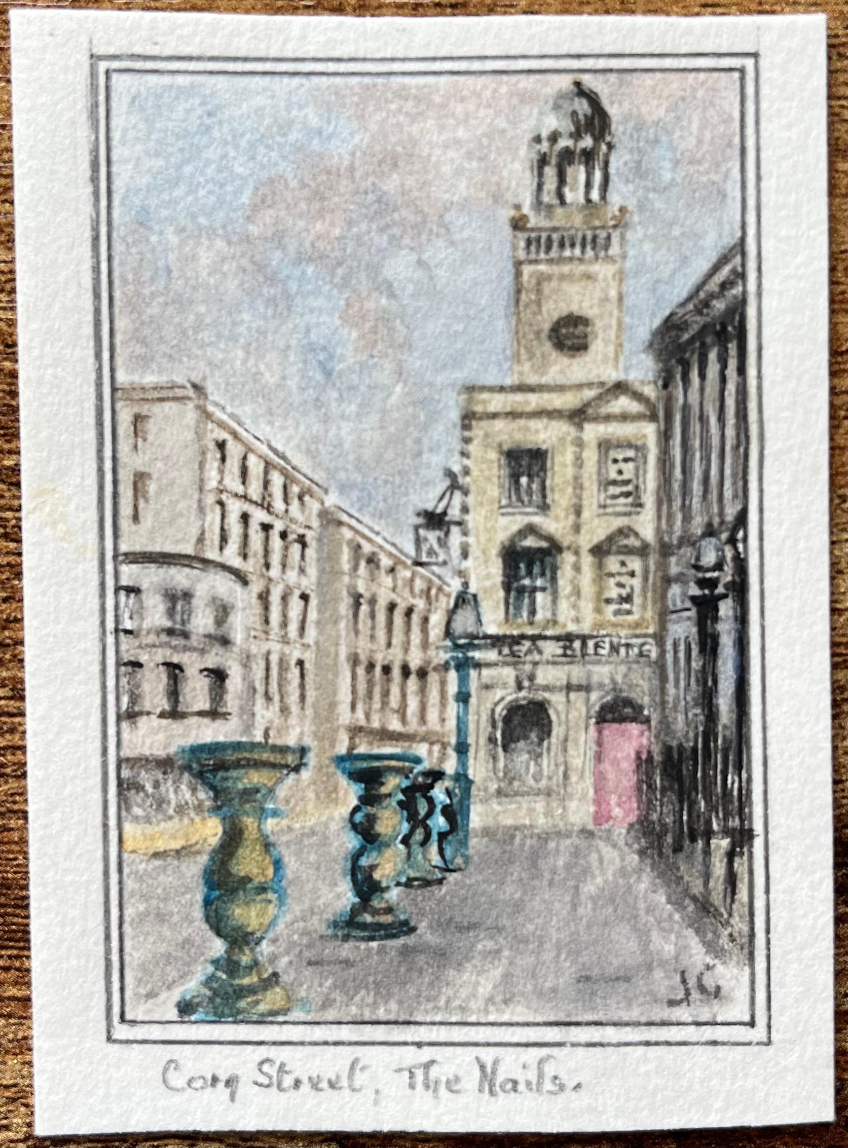Historic Miniature Watercolor of Corn Street and The Nails in Bristol - Painting by Jack Grunwell