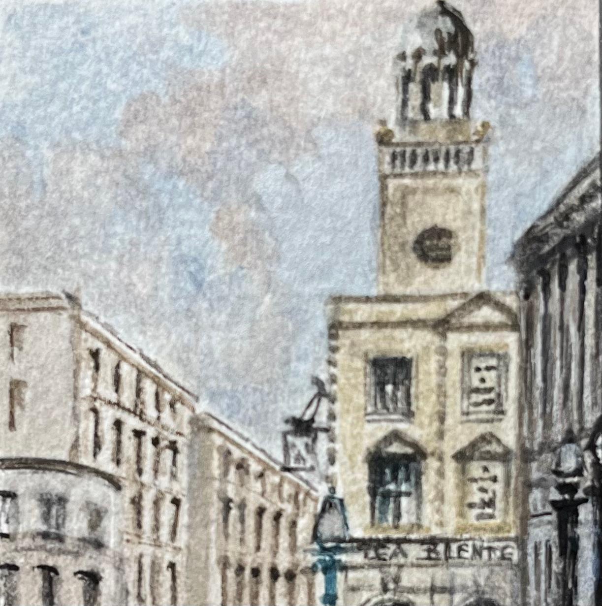 Historic Miniature Watercolor of Corn Street and The Nails in Bristol - Gray Landscape Painting by Jack Grunwell