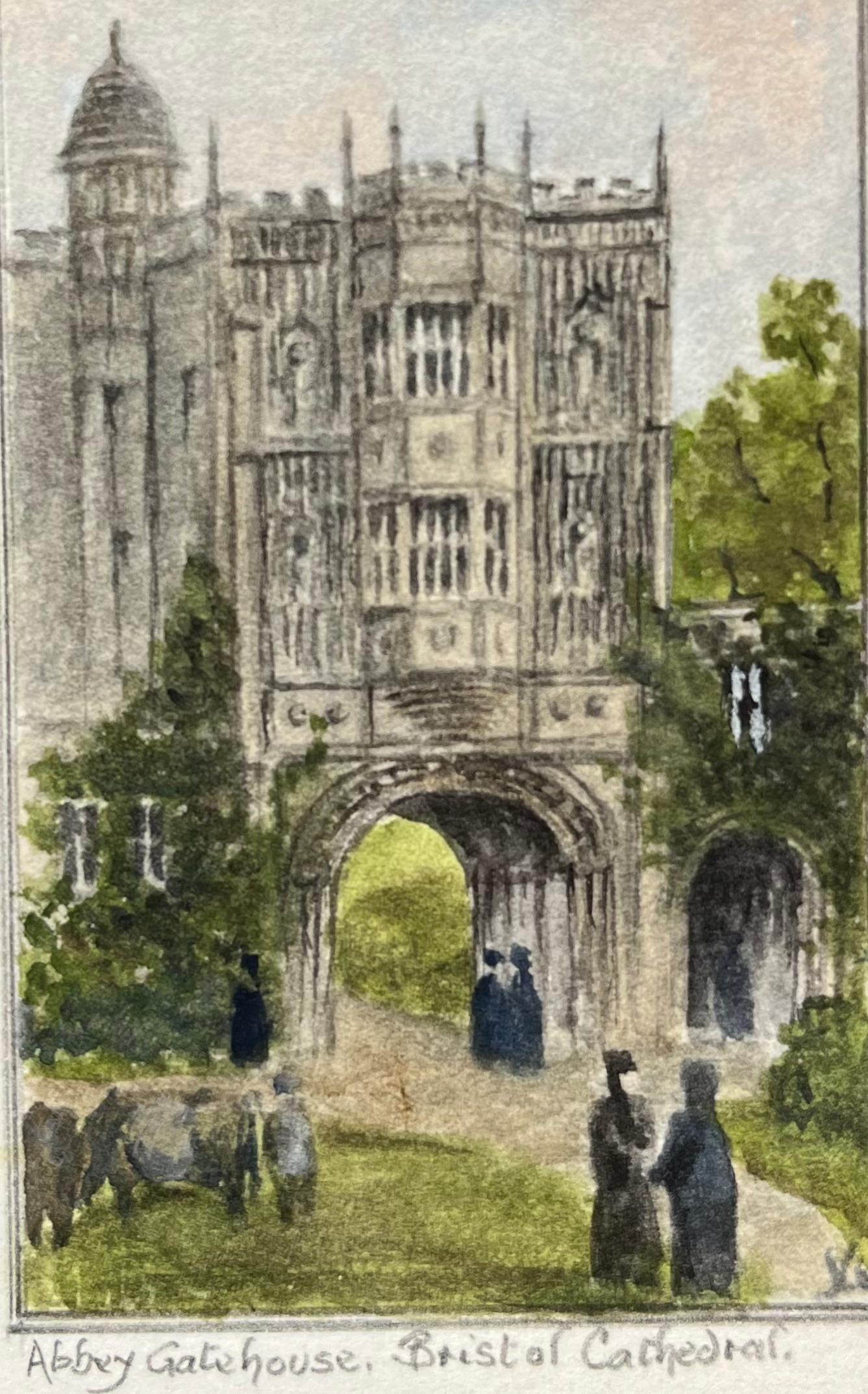 Acquerello storico in miniatura della porta dell'abbazia della cattedrale di Bristol