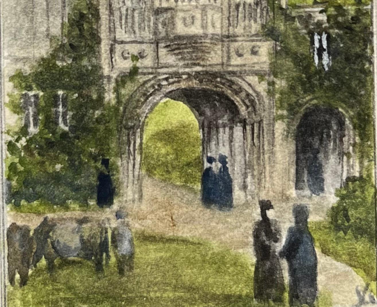 Acquerello storico in miniatura della porta dell'abbazia della cattedrale di Bristol - Art Scuola inglese di Jack Grunwell
