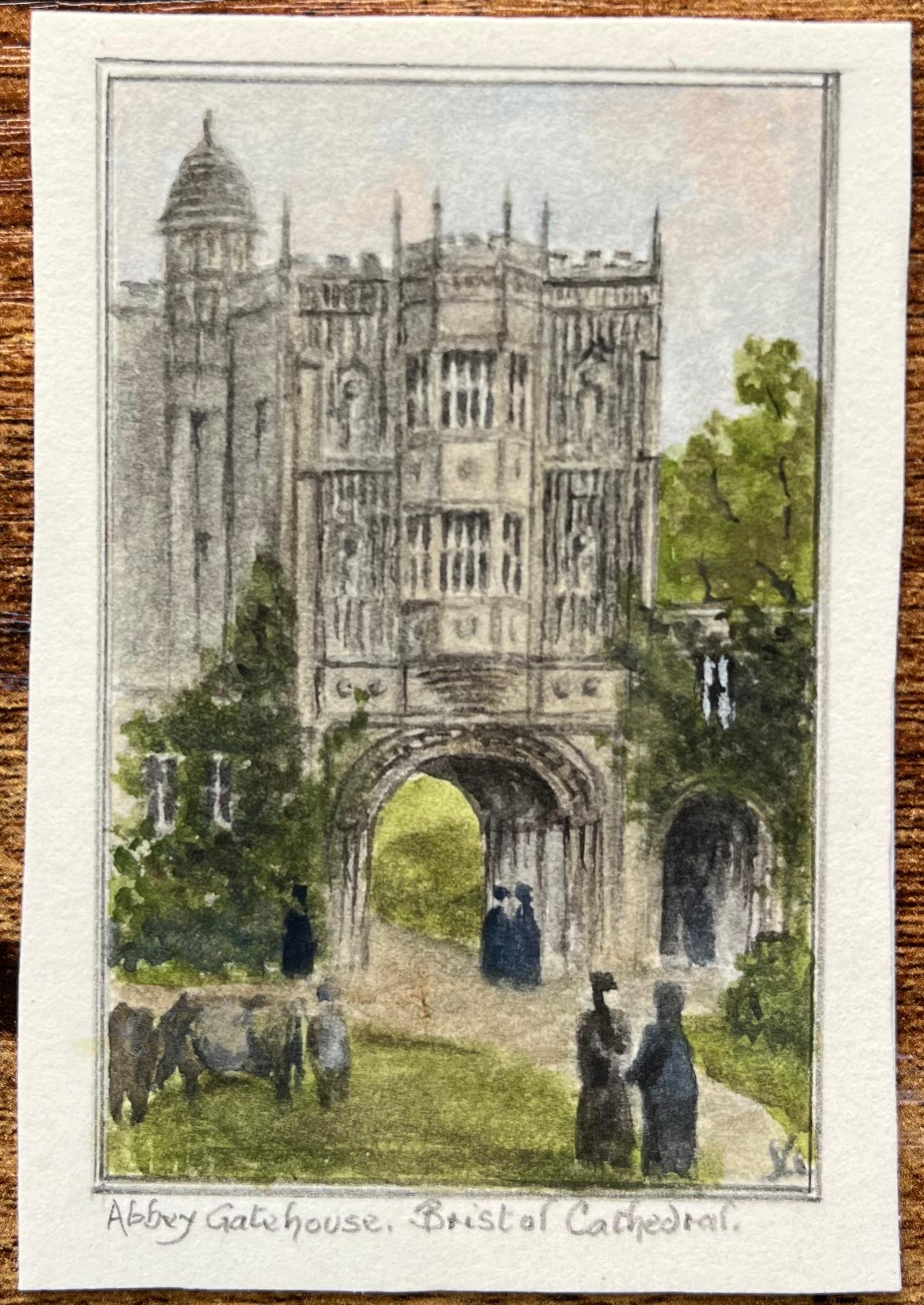 Acquerello storico in miniatura della porta dell'abbazia della cattedrale di Bristol - Art di Jack Grunwell
