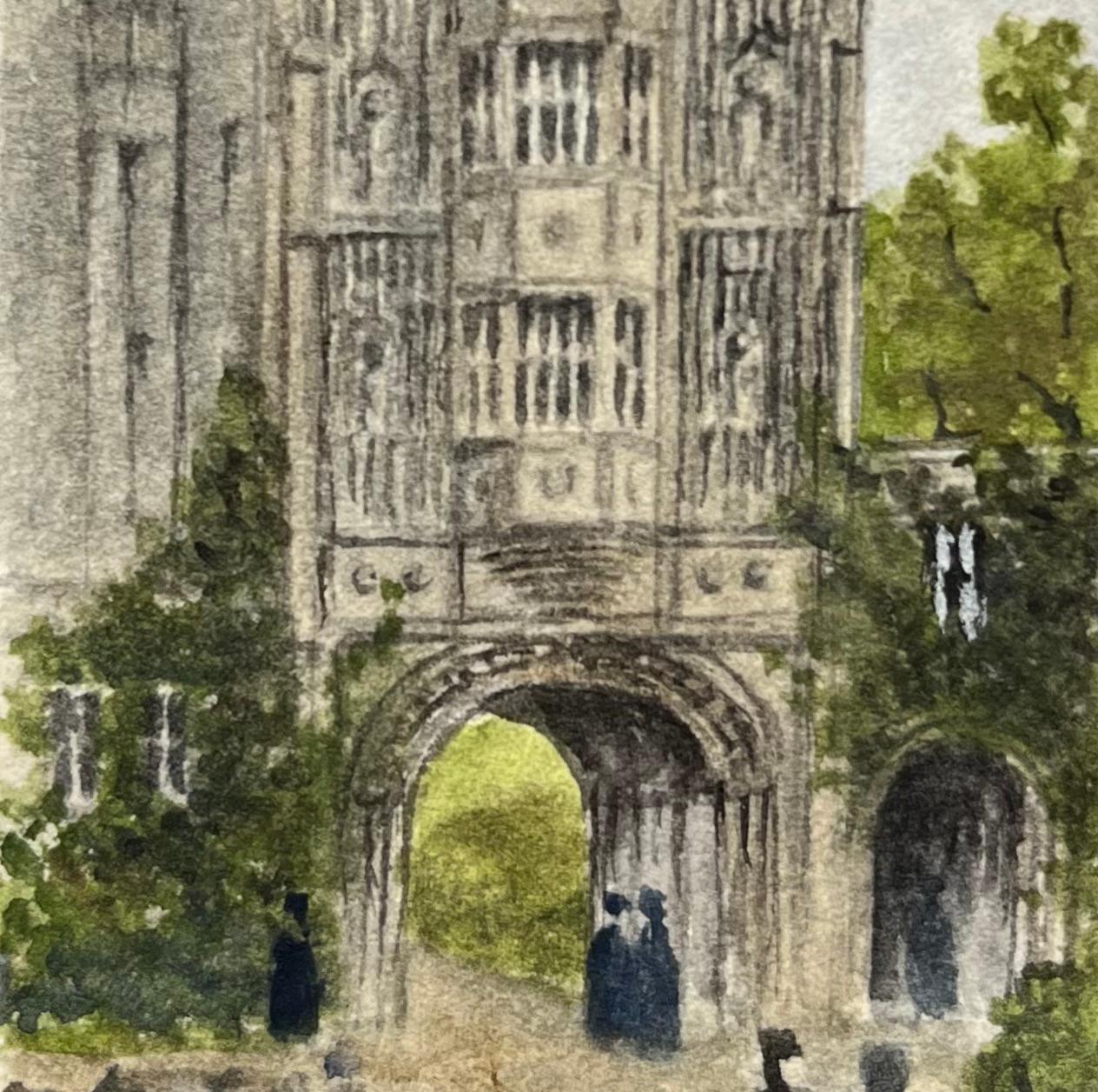 Acquerello storico in miniatura della porta dell'abbazia della cattedrale di Bristol - Landscape Art Marrone di Jack Grunwell