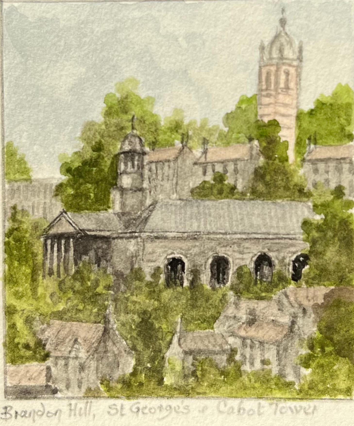 Historic Miniature Watercolor of Brandon Hill St Georges Church and Cabot Tower