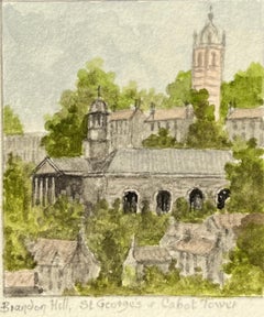 Acuarela histórica en miniatura de la iglesia de San Jorge y la torre Cabot de Brandon Hill
