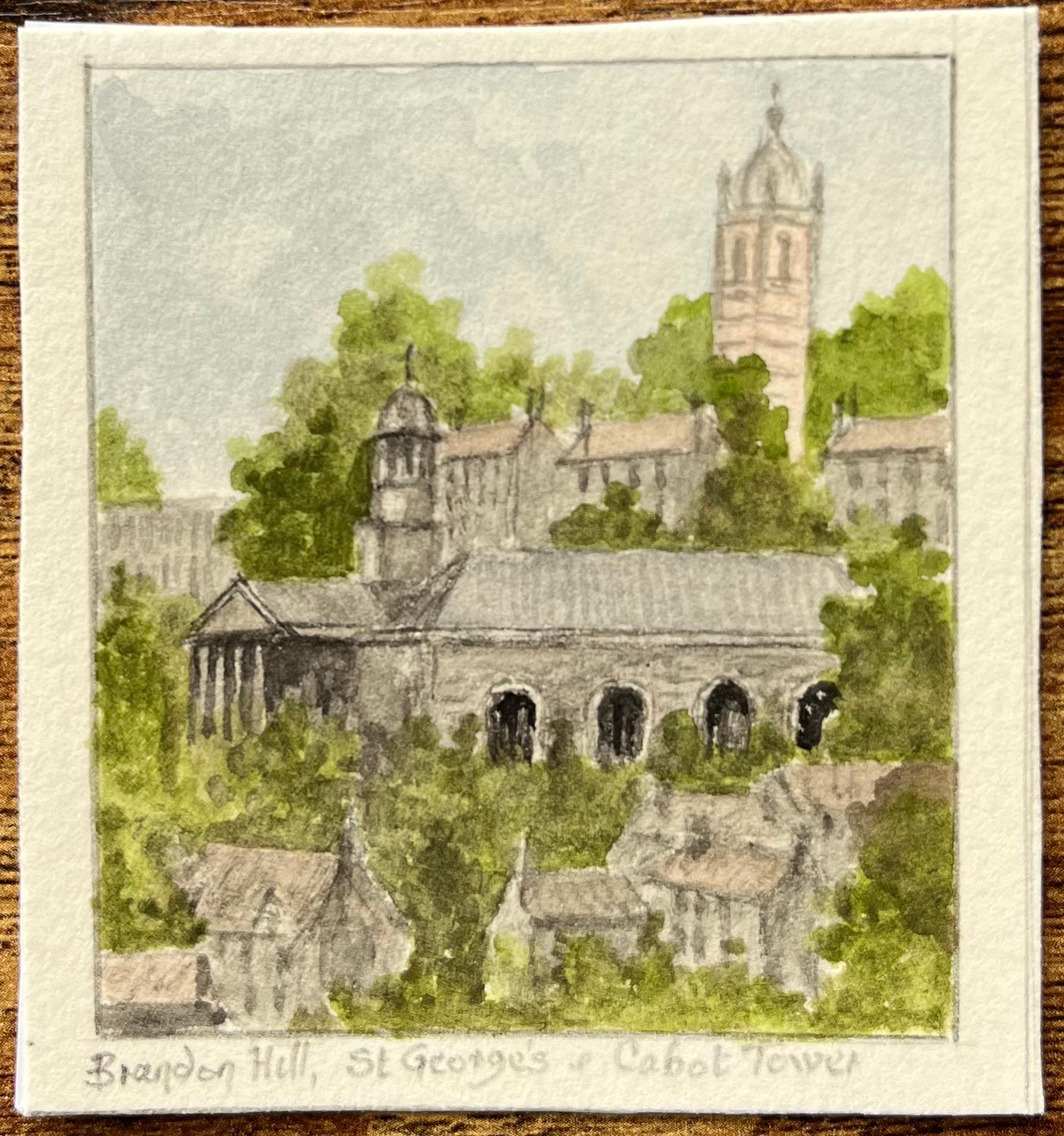 Acquerello storico in miniatura di Brandon Hill St Georges Church e Cabot Tower - Painting di Jack Grunwell