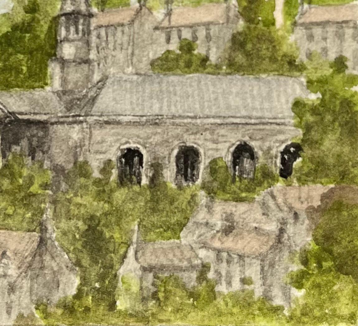 Acquerello storico in miniatura di Brandon Hill St Georges Church e Cabot Tower - Landscape Painting Beige di Jack Grunwell