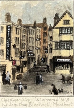 Historische Miniatur Aquarell von Weihnachten Schritte Historische Bristol Street Scene