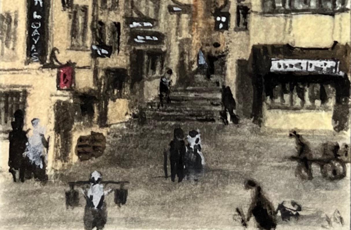 Historic Miniature Watercolor of Christmas Steps Historic Bristol Street Scene - English School Painting by Jack Grunwell
