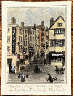 Historic Miniature Watercolor of Christmas Steps Historic Bristol Street Scene