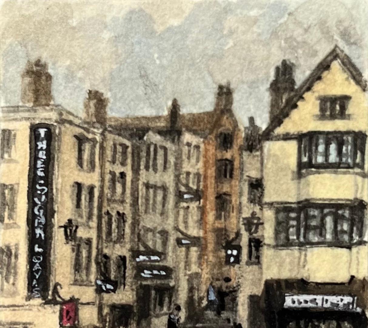 Historic Miniature Watercolor of Christmas Steps Historic Bristol Street Scene - Beige Landscape Painting by Jack Grunwell