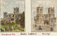 Acuarela histórica en miniatura del extremo oeste de la catedral de Bristol y vista del jardín