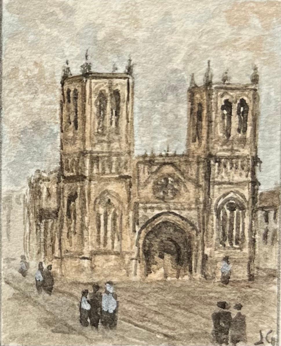 Historic Miniature Watercolor of Bristol Cathedral West End and Garden View - English School Painting by Jack Grunwell
