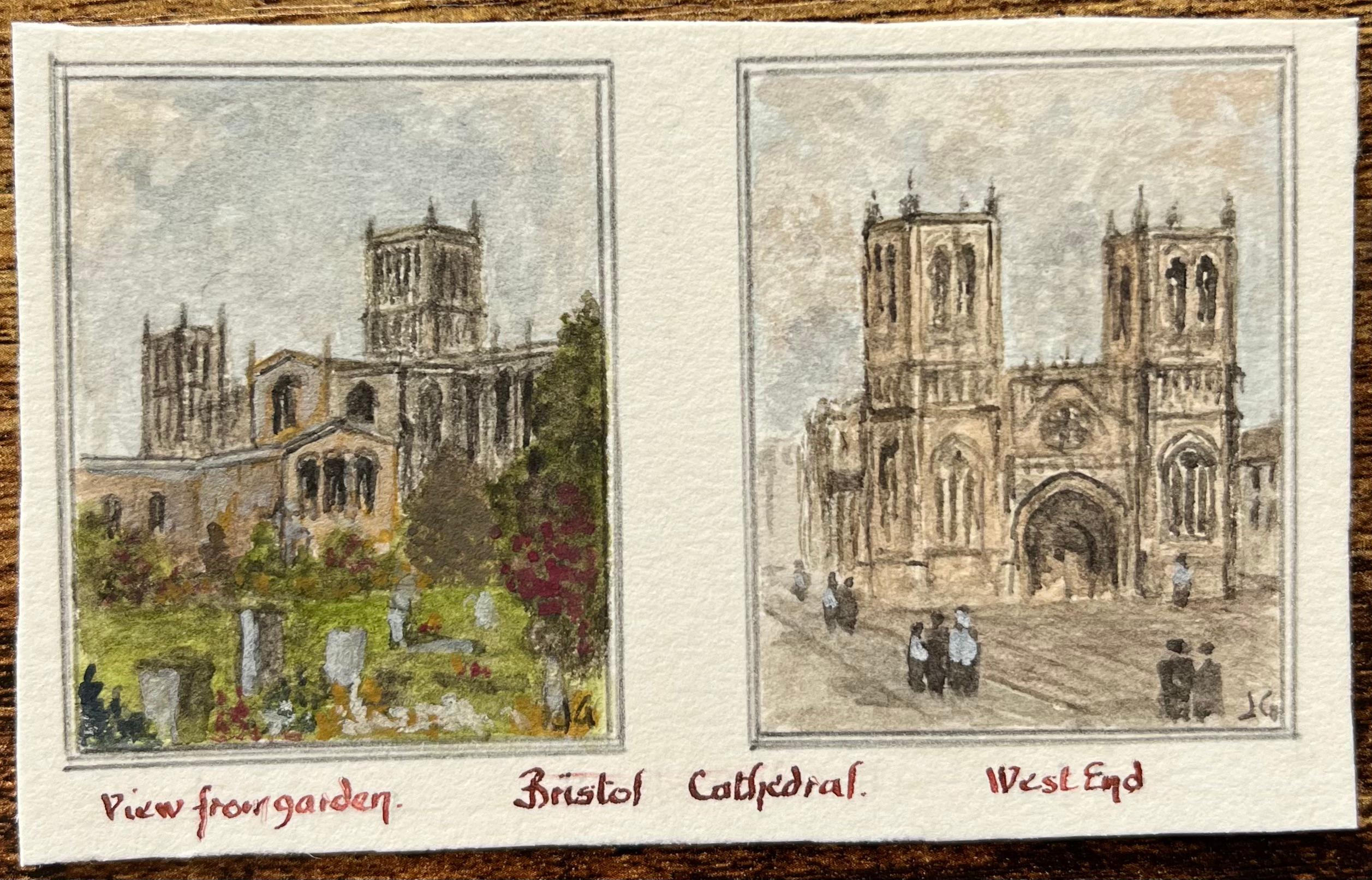 Historic Miniature Watercolor of Bristol Cathedral West End and Garden View - Painting by Jack Grunwell