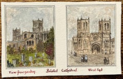 Historic Miniature Watercolor of Bristol Cathedral West End and Garden View