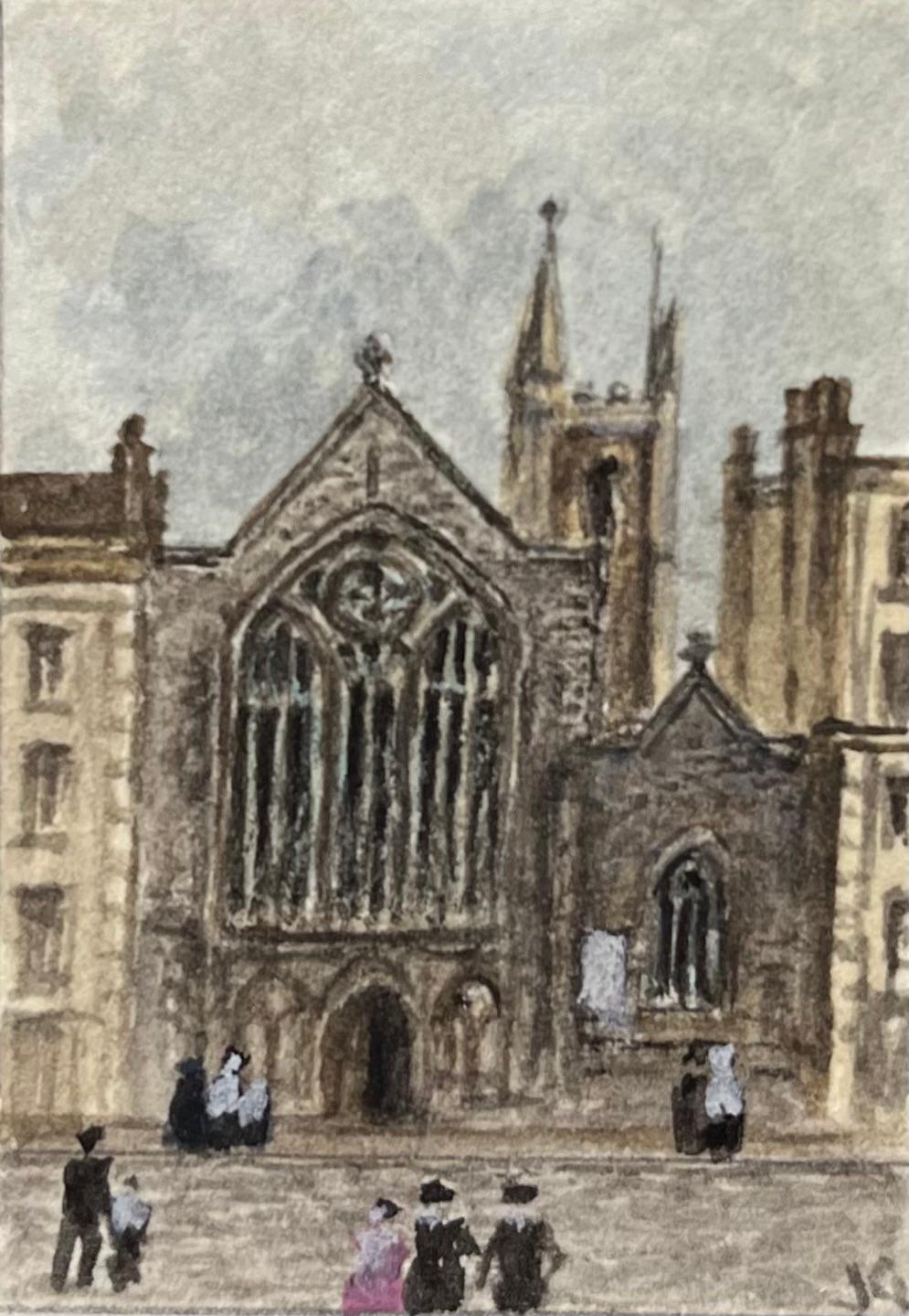 Landscape Art Jack Grunwell - Aquarelle miniature historique de la chapelle de Lord MayORS à Bristol