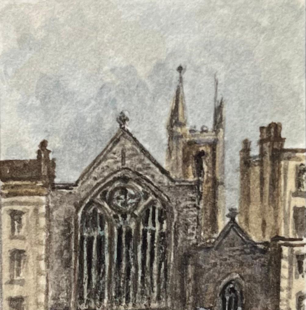 Aquarelle miniature historique de la chapelle de Lord MayORS à Bristol - Gris Landscape Art par Jack Grunwell