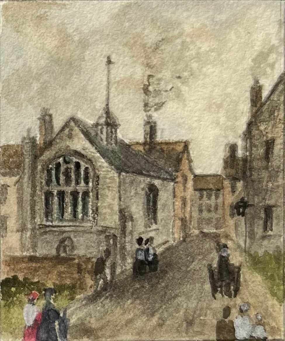 Historisches Miniatur-Aquarell von St. Bartholomäus 1620 und Three Kings Almshouses (Englische Schule), Painting, von Jack Grunwell