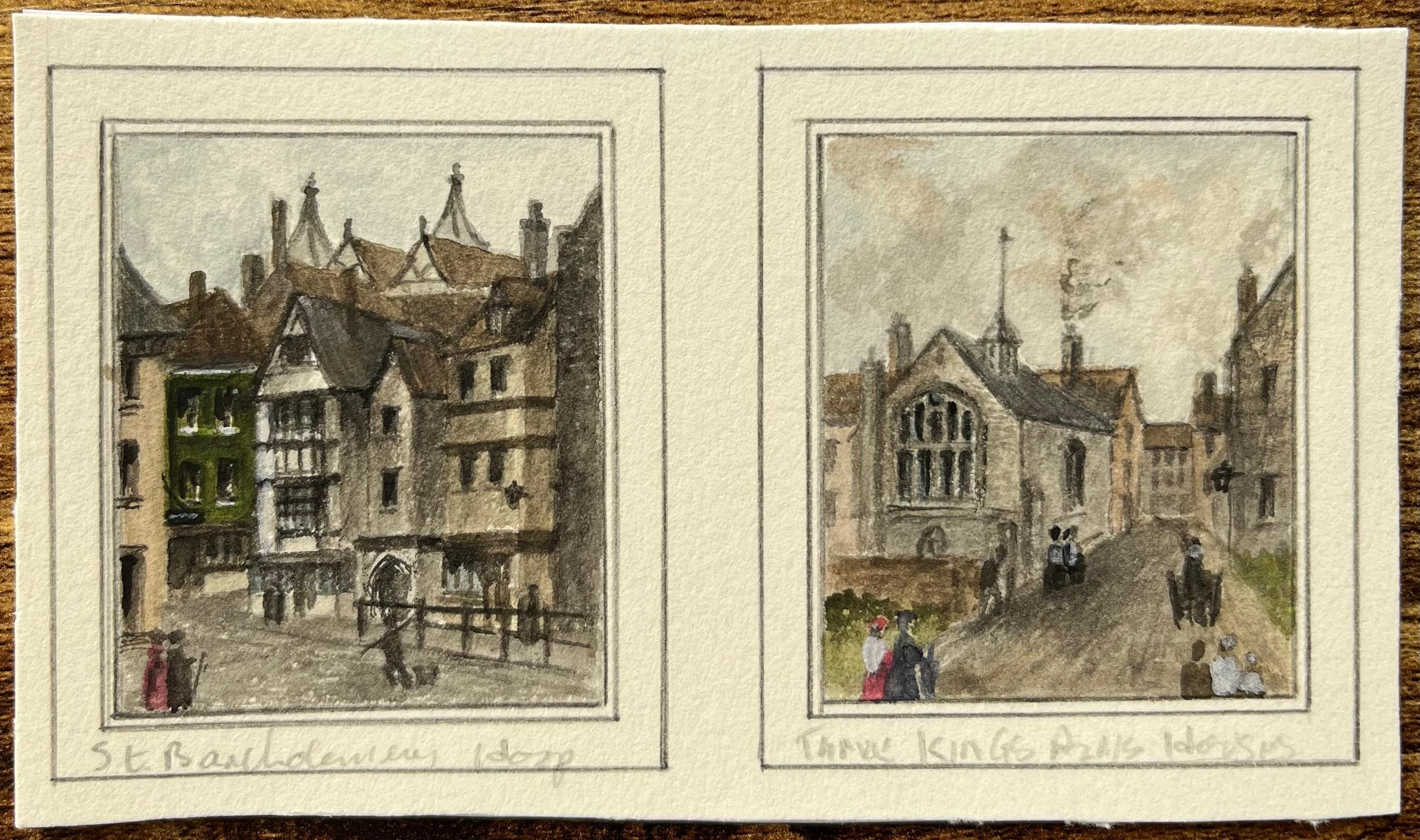 Historisches Miniatur-Aquarell von St. Bartholomäus 1620 und Three Kings Almshouses – Painting von Jack Grunwell