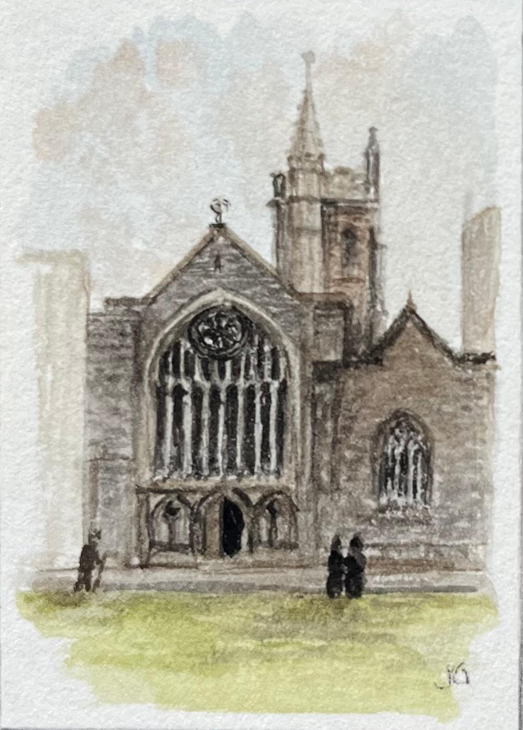 Acuarela en miniatura de la Capilla del Lord Mayors y St. John en la Muralla de la Ciudad - Landscape Painting Gris de Jack Grunwell