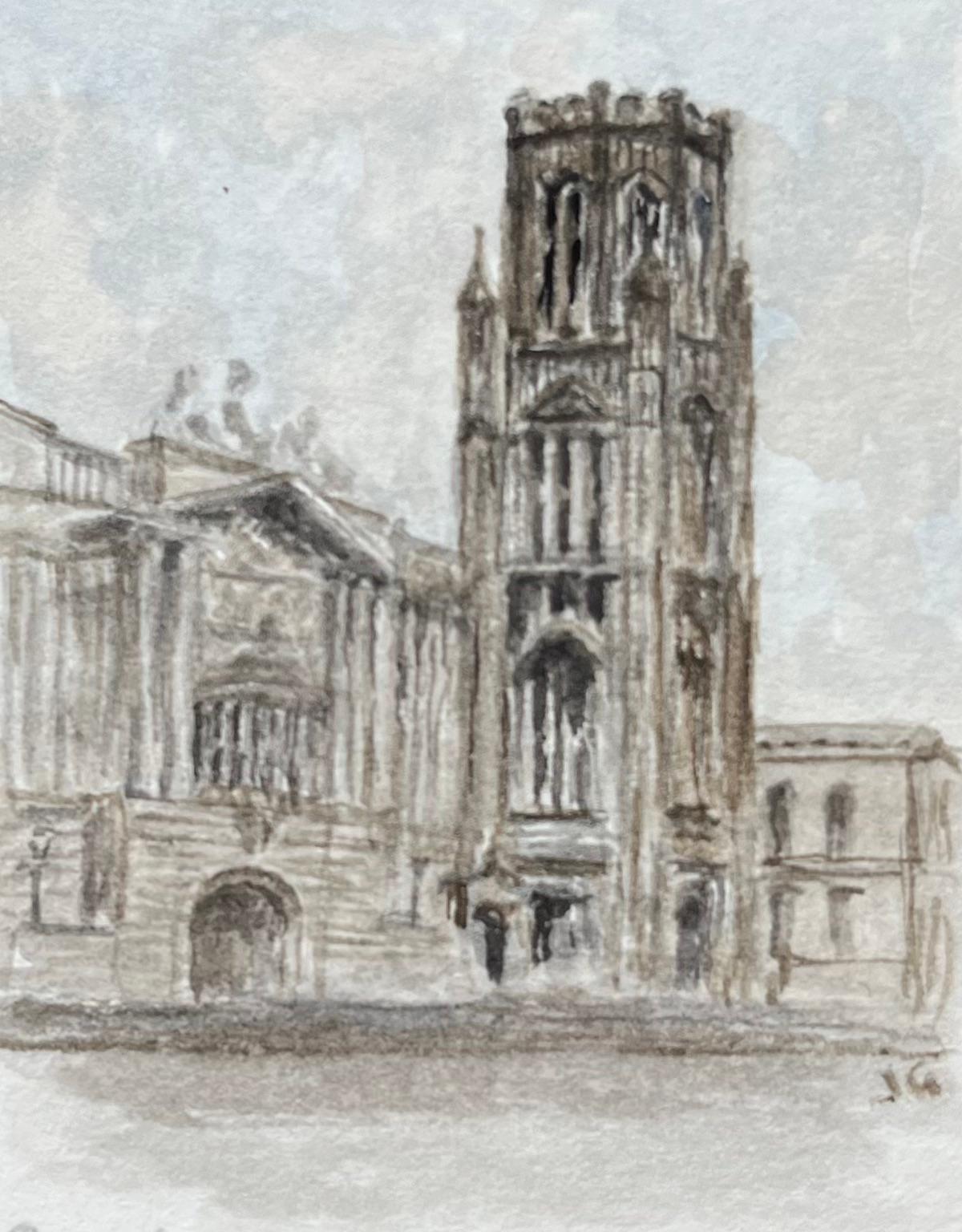 Landscape Painting Jack Grunwell - Aquarelle miniature du Wills Memorial Building and Museum de l'Université de Bristol