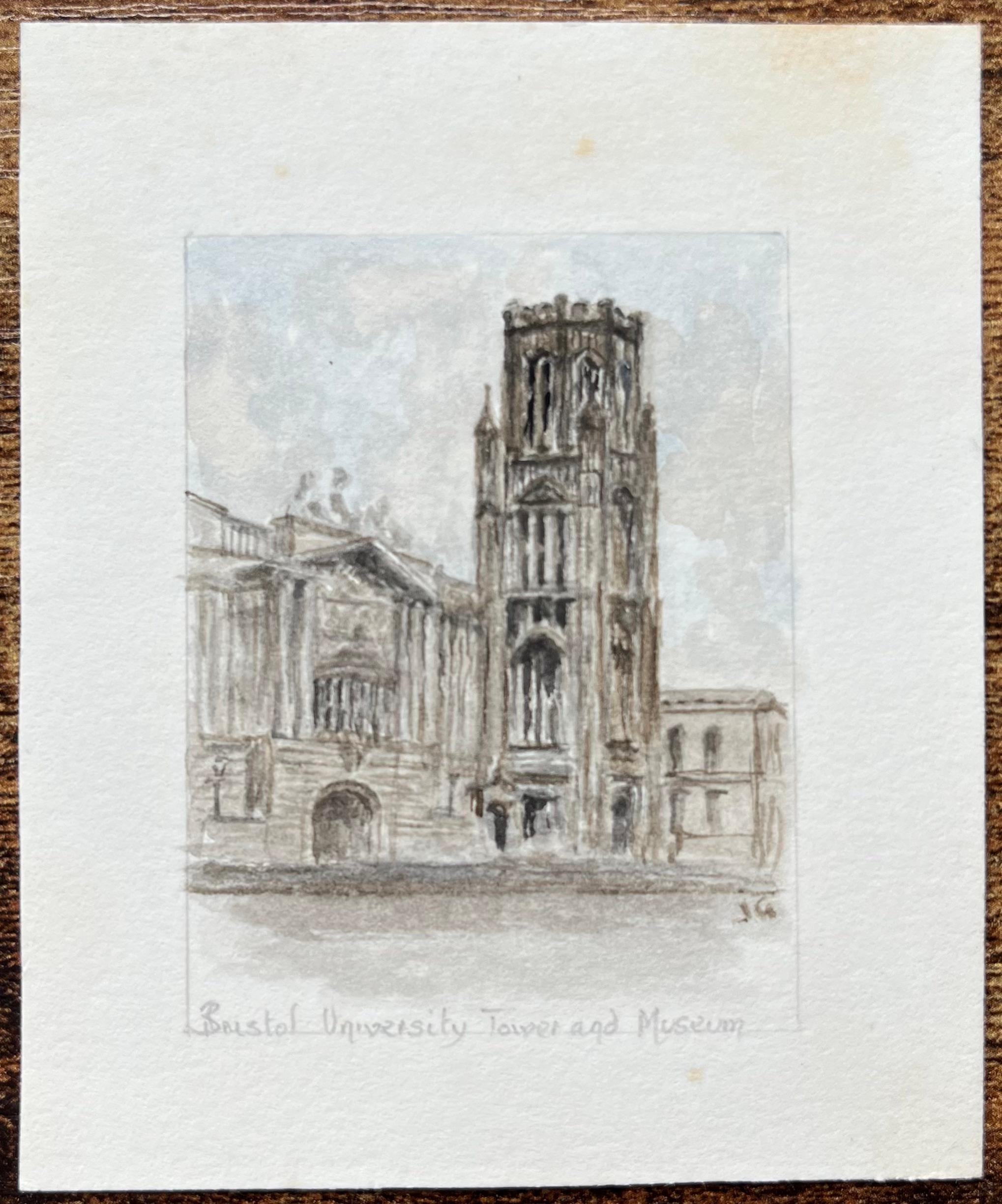 Aquarelle miniature du Wills Memorial Building and Museum de l'Université de Bristol - Painting de Jack Grunwell