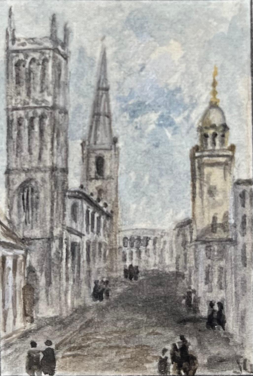 Jack Grunwell Landscape Painting - Miniature Watercolor of Corn Street Bristol St Werburghs Church 15th Century