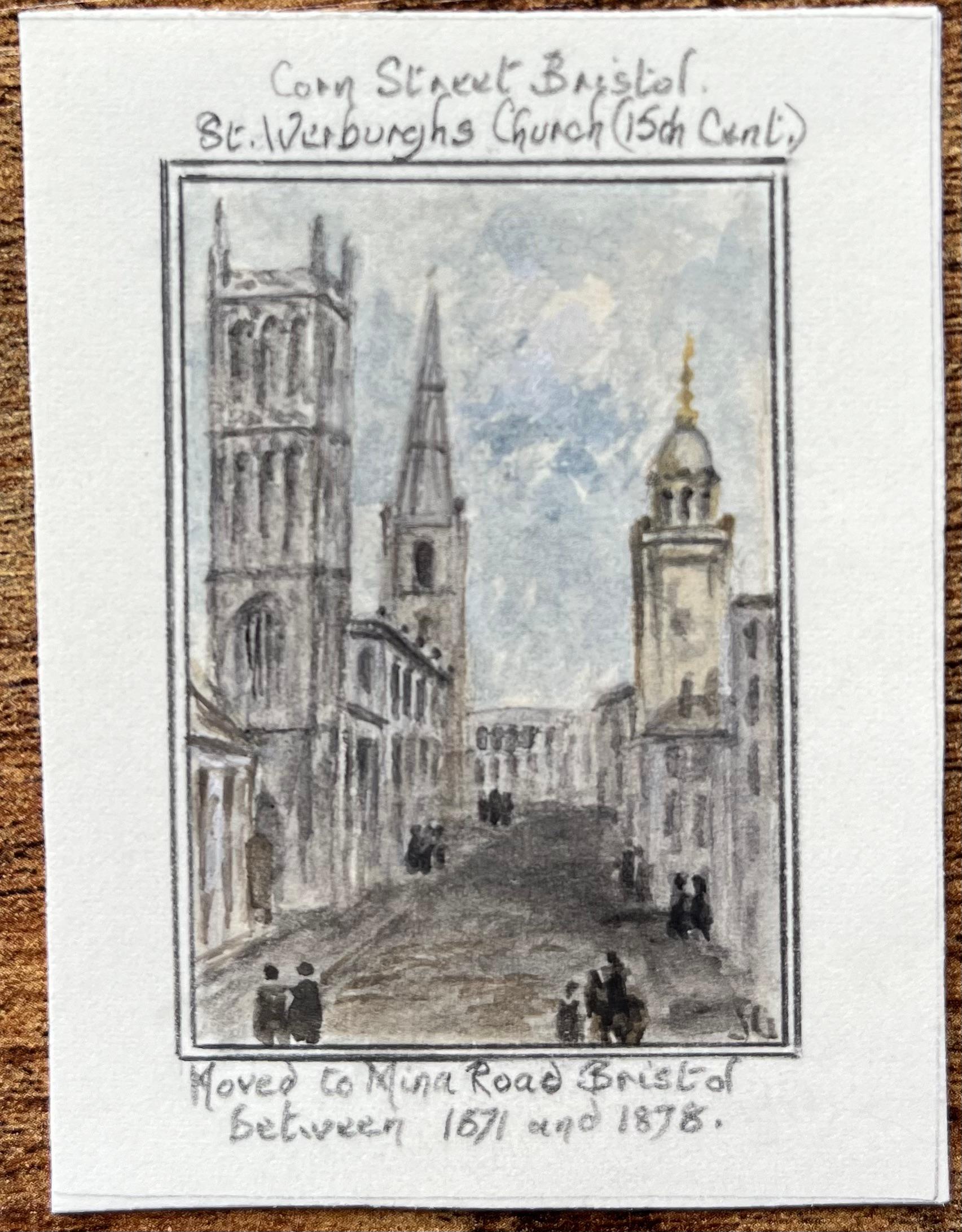Miniature Watercolor of Corn Street Bristol St Werburghs Church 15th Century - Painting by Jack Grunwell