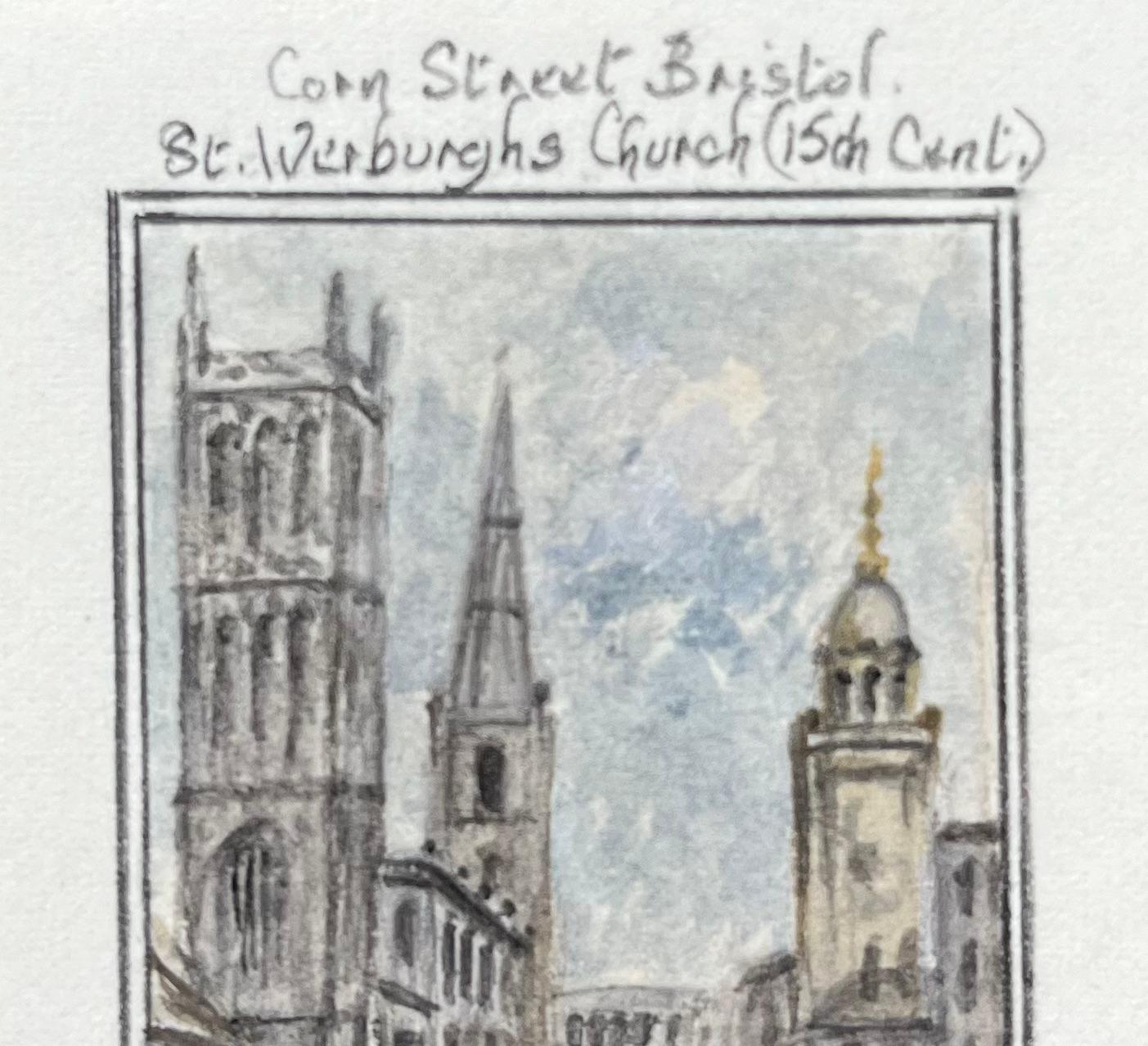 Miniature Watercolor of Corn Street Bristol St Werburghs Church 15th Century - Gray Landscape Painting by Jack Grunwell