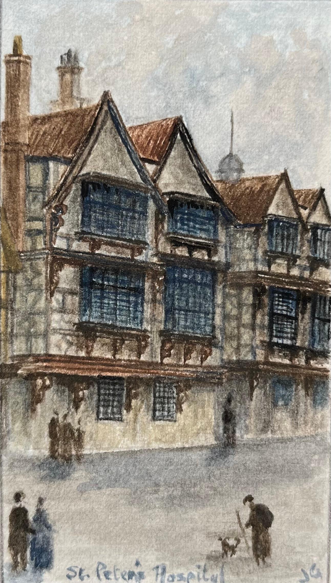 Jack Grunwell Landscape Art – Historisches Miniatur-Aquarell des St Peters Hospital in Bristol