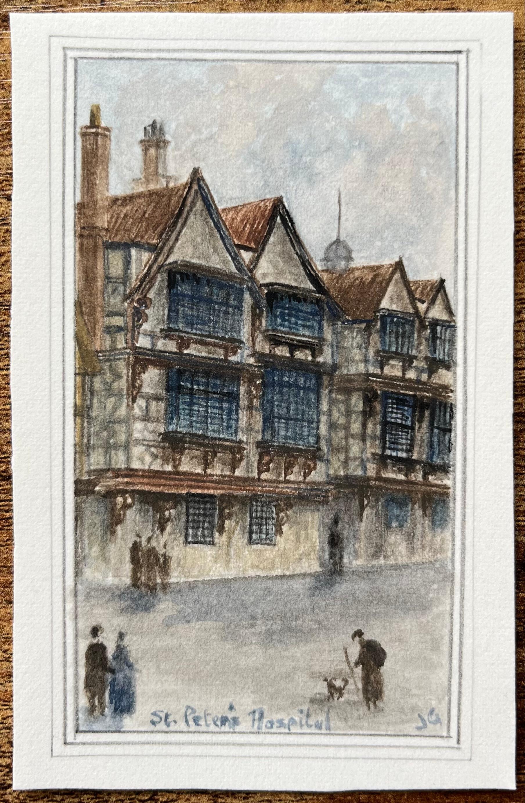Historisches Miniatur-Aquarell des St Peters Hospital in Bristol – Art von Jack Grunwell