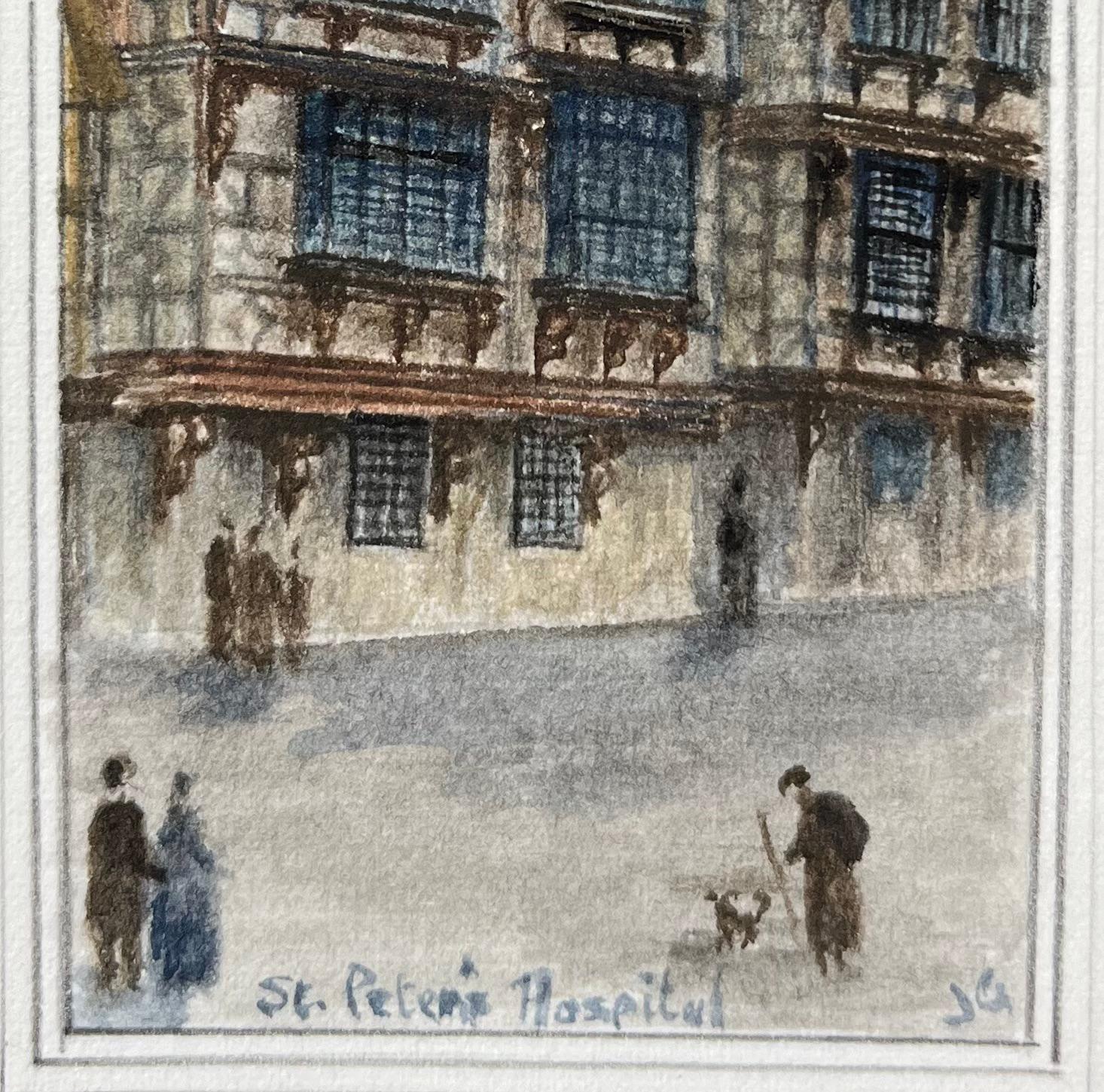 Historisches Miniatur-Aquarell des St Peters Hospital in Bristol (Grau), Landscape Art, von Jack Grunwell