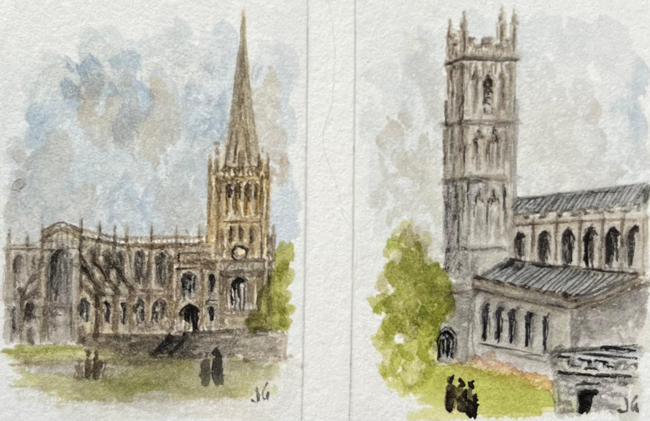 Jack Grunwell Landscape Art – Historisches Miniatur-Aquarell der St Mary Redcliffe und der St Stephens Church