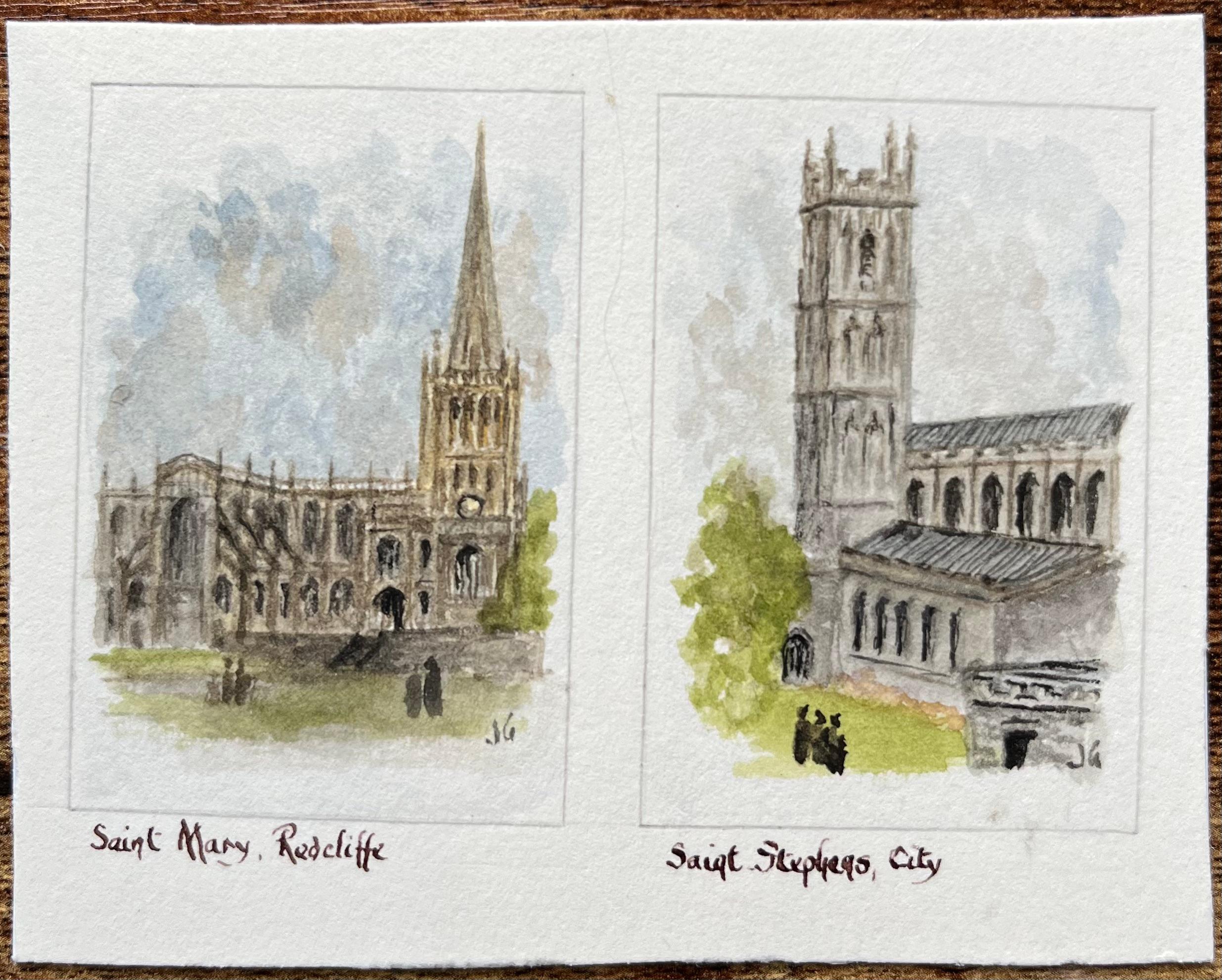 Historisches Miniatur-Aquarell der St Mary Redcliffe und der St Stephens Church – Art von Jack Grunwell